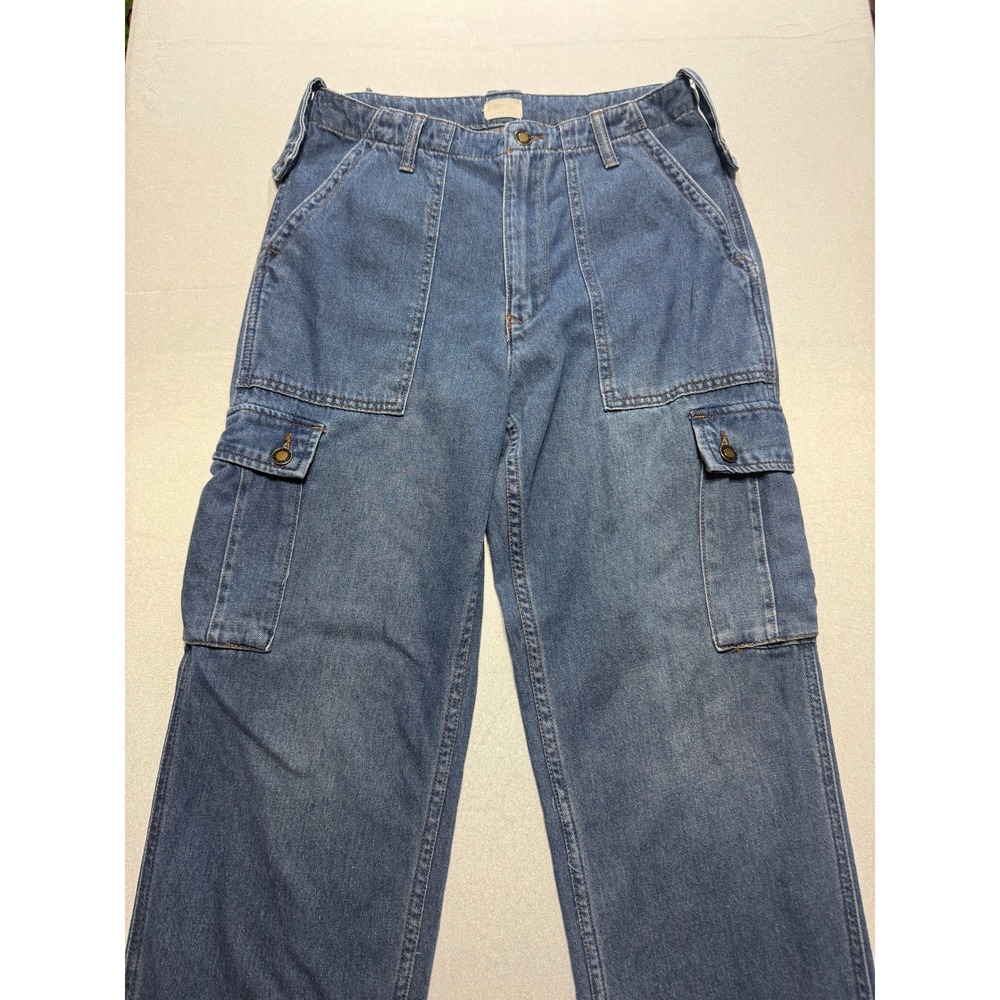 Simple Society Women 9/29 Medium Wash Denim Cargo Wide Leg Utility Jeans Cotton